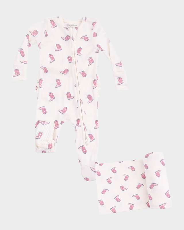 Girl's Petite Cowgirl Boots 2-Way Zip Footie Romper & Blanket Set, Size Newborn-9